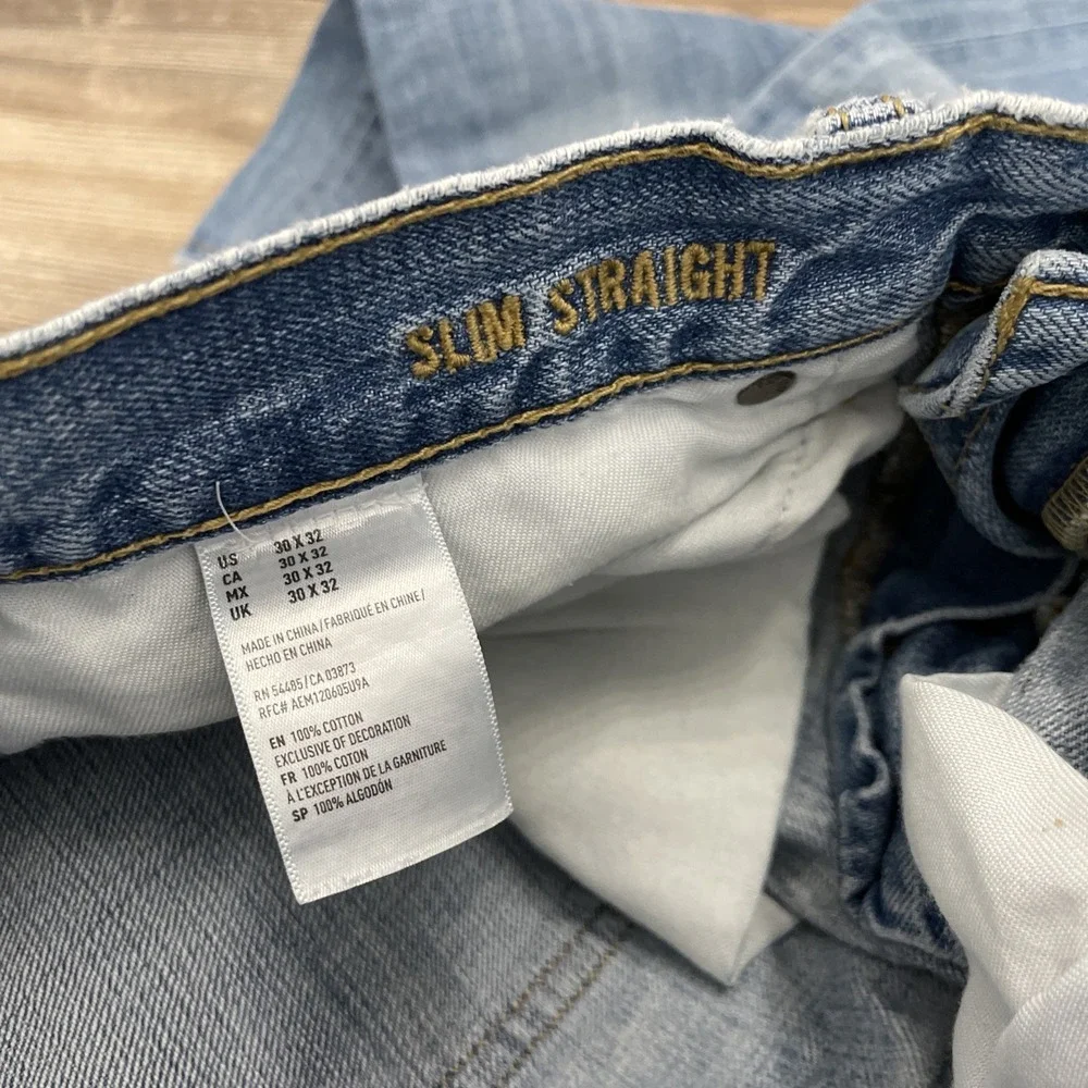 American Eagle Jeans Mens 30x32 Blue Slim Straight Faded Whisker Denim
